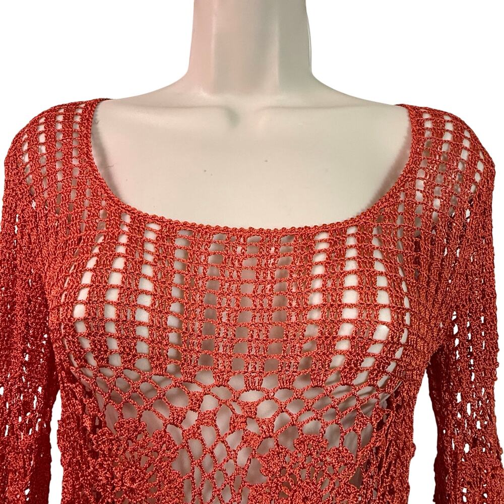 Bettie Paige Orange Crochet Long Sleeve Top Scoop neck - Picture 9 of 14